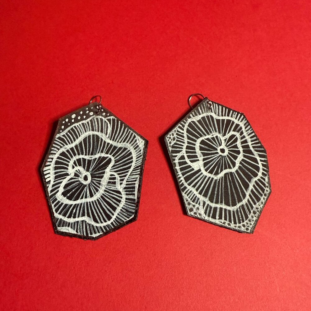 Upcycled Floral Earrings Made from Cactus Leather, Hand-Painted Art, Harajuku